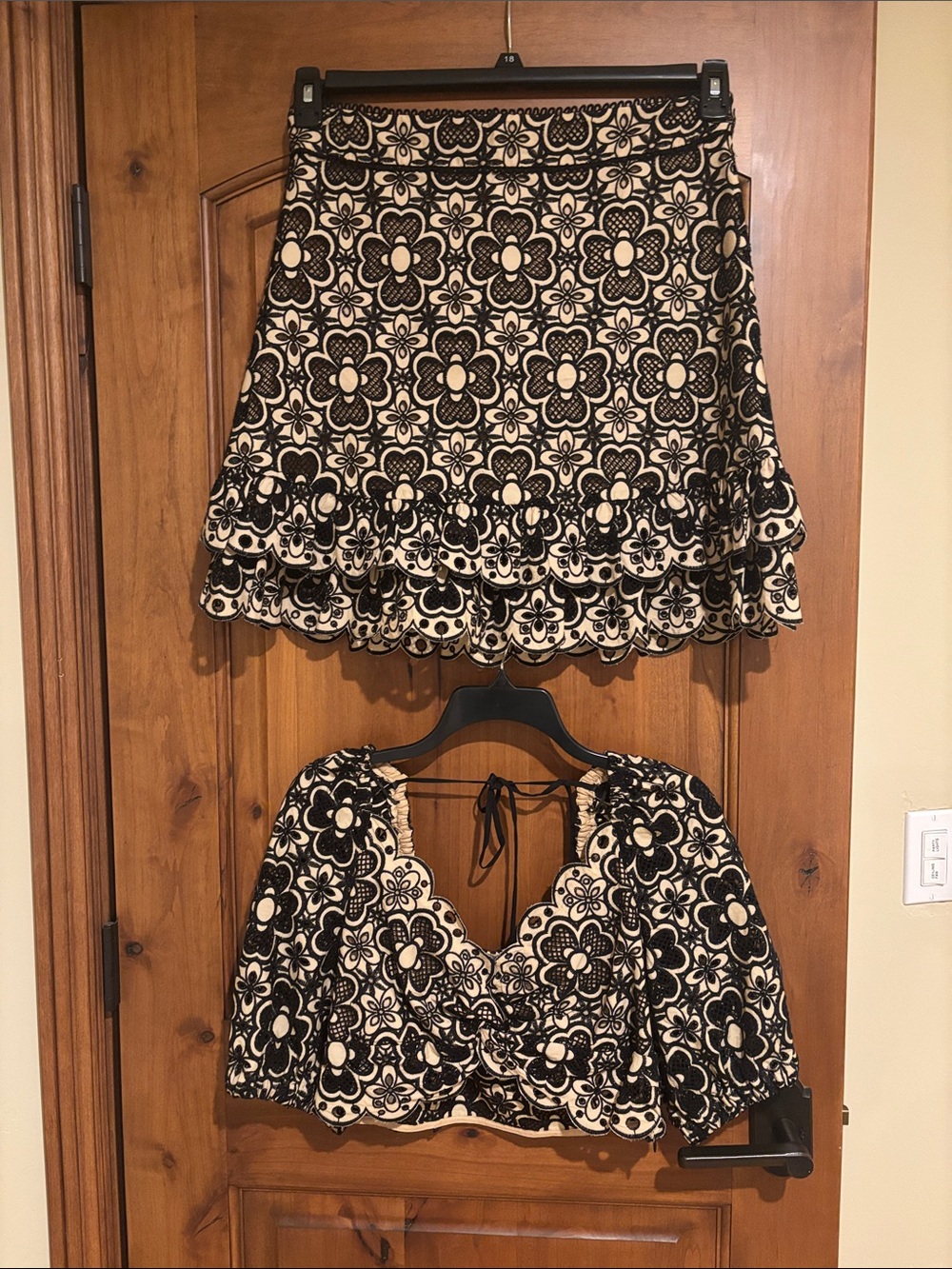 Sandro Black and Cream anglaise embroidery Skirt set.